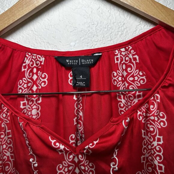 White House Black Market Women 4 Peplum Blouse Red Medallion Embroidered Holiday - Picture 3 of 7